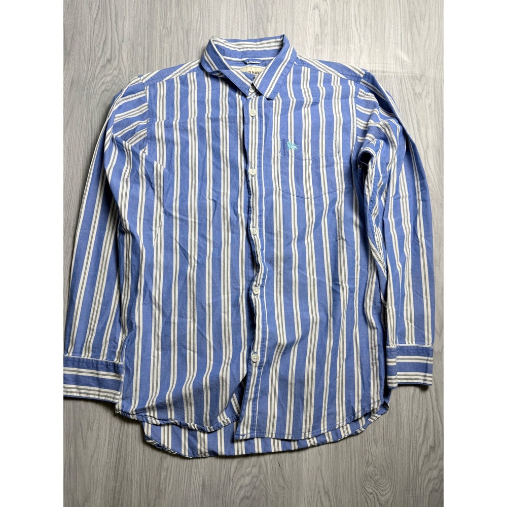 Old Navy Boys XL Blue White Striped Long Sleeve Button Down Shirt Lion